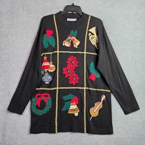 Vtg Chaus Sport Christmas Sweatshirt Size S Black Holiday Graphic Bells Wreath